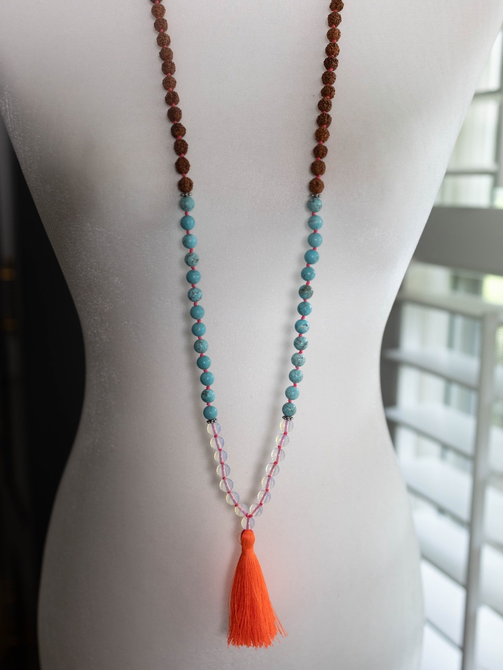 Handmade Turquoise Beaded Tassel Necklace - Orange Tassel